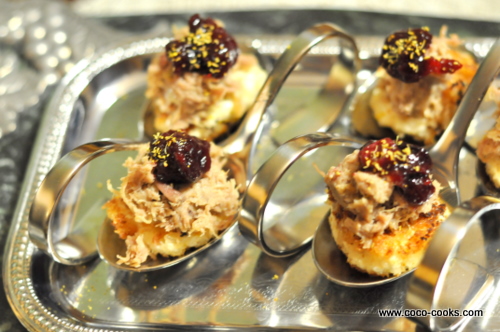 Post image for Duck Rillettes on Goat Cheese Croquettes with Black Pepper Balsamic Cranberry Relish…Marx Foods Iron Foodie